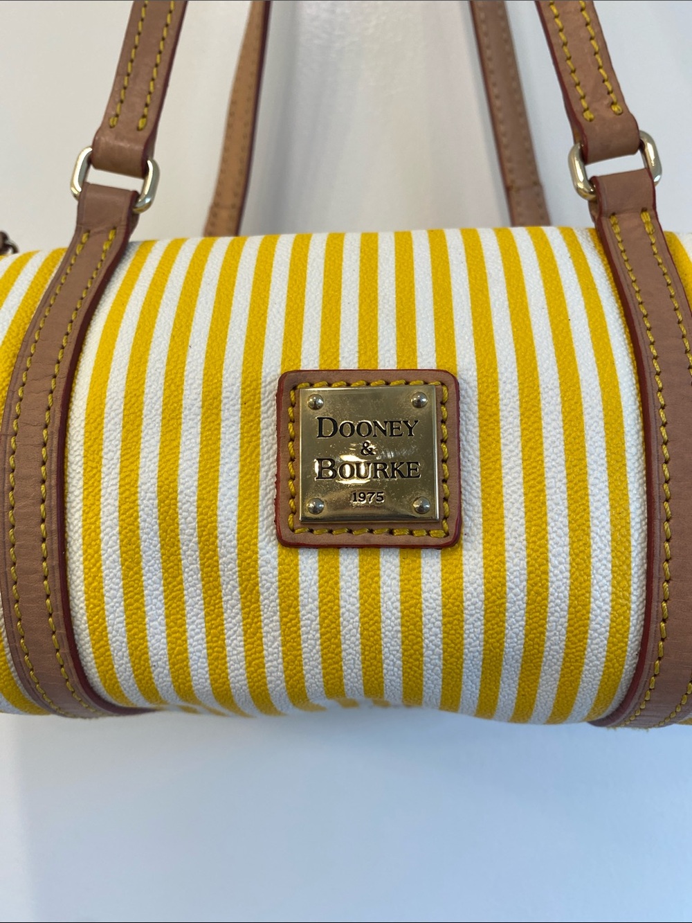 Dooney & Bourke Yellow & White Striped Barrel Shoulder Bag Tan Trim EUC ✨ - Picture 2 of 12